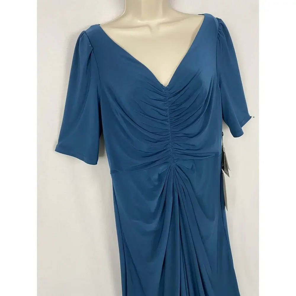 Adrianna Papell Dress Womens 12 Blue Ruched Puff Sleeve Hi Low Semi Formal Gown - Picture 2 of 13